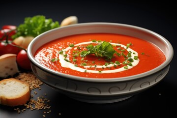 A bowl of tomato soup with bread and parsley. Digital image. Salmorejo soup, Spanish dish.
