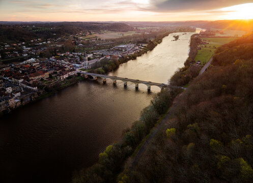 Aerial view of city of Lalinde and the Dordogne river