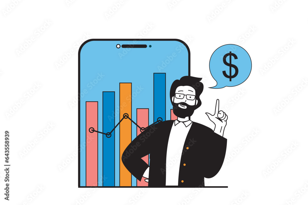 Poster finance concept with people scene in flat web design. man manages balance and analyzing budget using