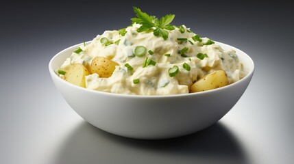 A bowl of potato salad with chives on top. Digital image.