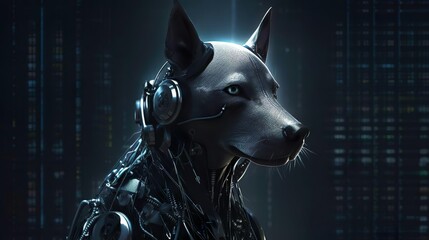 IT software developer robotic metal dog. Artificial intelligence. Smart machine robot cyber domestic pet creating an innovative software product and applications.