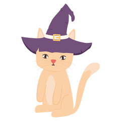 cute hand drawn cartoon character cat with wizard hat funny halloween vector illustration isolated on white background 