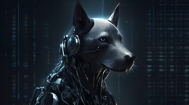 IT software developer robotic metal dog. Artificial intelligence. Smart machine robot cyber domestic pet creating an innovative software product and applications.