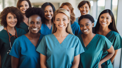 A group of Nurses and Medical staff posing outside a Hospital Clinic. Ai generative.
