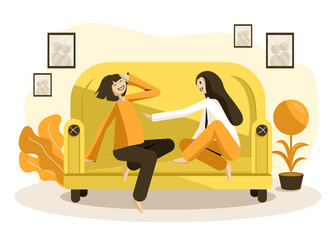  Two bestfriends or siblings laughing on the sofa