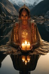 On a mountain lake surrounded by majestic beauty, a lone woman dressed in gold stands illuminated by the soft flickering light of a single candle, celebrating diwali with a reflection of hope and joy