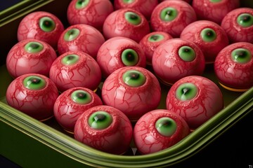 On halloween night, a spooky tray of red candy eyeballs glows in the light of an indoor room, beckoning trick-or-treaters to indulge in the sweet and frightening treats