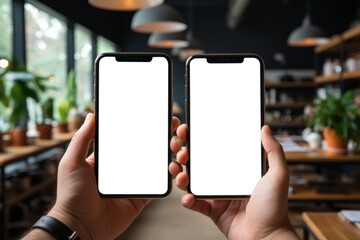 Two screen of smartphone on hands in office co working space, Generate with AI.