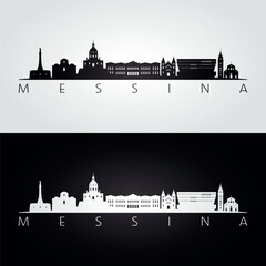 Messina skyline and landmarks silhouette, black and white design, vector illustration.