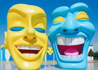 Two large grotesque blue and yellow masks with expressive facial expressions on a sunny day, like some kind of art installation in an open space.