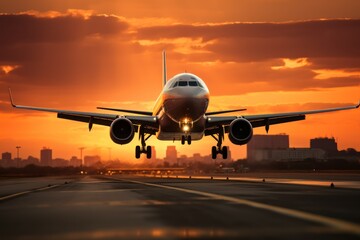 Fototapeta na wymiar Airplane landing or take off sunset time, Generate with AI.