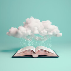 An open book above which a white fluffy cloud hovers. Minimal pastel background.