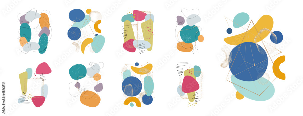 Poster Liquid shapes, blobs and brushes. Frame trendy design and decorative abstract minimalist composition. Geometry and shapeless forms, flat vector illustration