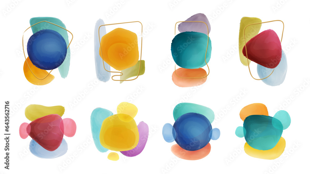 Poster Watercolor abstract blob brush shapes, vector textured brush strokes. Compositions and frame with liquid design. Vector illustration