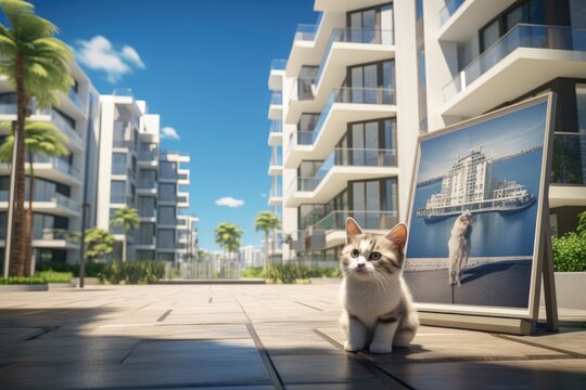 Cat in hotel. Condominium or apartment pet can live concept. Generative AI