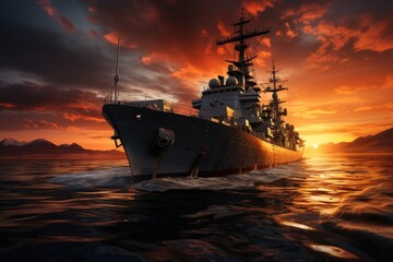 Fototapeta premium Battle ship, War ship, Sunset time generate with AI.