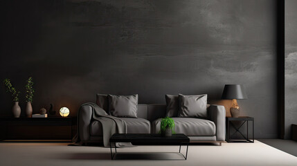 Dark living room interior with dark grey or black empty wall