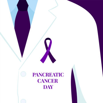 Pancreatic cancer awareness day poster background. Doctor with purple ribbon pin on white coat. Solidarity compain concept design. Digestive health support. Medical vector illustration.