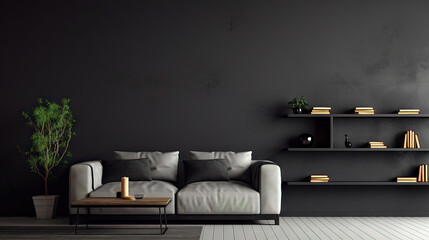 Dark living room interior with dark grey or black empty wall