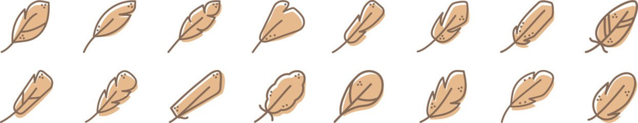 Set of feather icon. Vector illustration png, transparent. Logo, sign, symbol, pen line. Beige, nude, vintage.