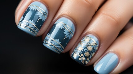 Christmas nail design that features classic Christmas elements, with snowflake patterns, and a touch of shimmer
