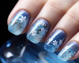 Christmas nail design that features classic Christmas elements, with snowflake patterns, and a touch of shimmer