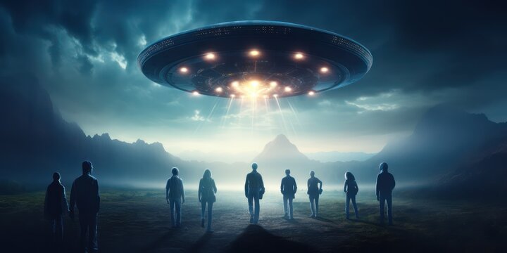 Night photo of UFO - alien spaceship at night. Several people are fascinated looking at the UFO