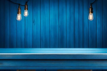Background of blue wall, bokeh lights, and empty wooden table. for displaying products Generative AI