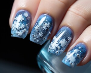 Christmas nail design that features classic Christmas elements, with snowflake patterns, and a touch of shimmer - obrazy, fototapety, plakaty