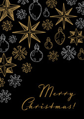 Merry Christmas and Happy New Year vertical greeting card with hand drawn golden stars and toys on black background. Vector illustration in sketch style