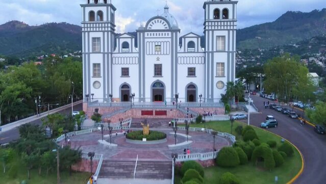 footage in the facade of the Basilica of Suyapa, the main catholic church in the capital of Honduras, Tegucigalpa City