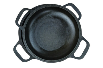 Cast iron pans. Rustic cookware. Kitchenwares isolated on white background.  Top view.