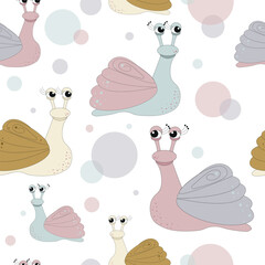 Vector seamless pattern of cartoon snails with eyelashes