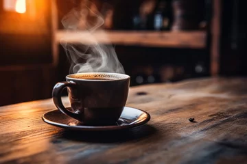 Tuinposter Cup of steaming hot coffee on wooden table at kitchen © DenisNata