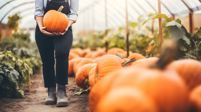 Young farmer woman gardening and holding fresh pumpkin squash during autumn season - Model by AI generative