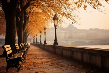 Fototapete Paris the romantic ambiance of Paris in the fall. the golden hues of the leaves on the trees lining the Seine River, contrasted with the timeless grey of the cobblestone streets