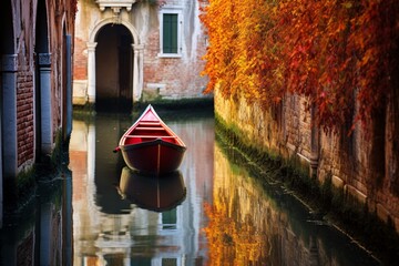 the mystique of Venice in the fall. Document a solitary gondolier navigating the quiet canals, the historic buildings' facades adorned with ivy turning crimson and gold - obrazy, fototapety, plakaty