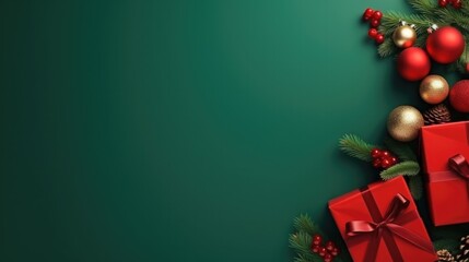 Christmas banner with blank space for text, green background, gifts, fir tree branches, red ornaments, 8k