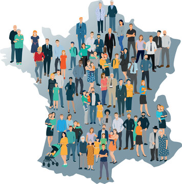 Illustration vectorielle montrant une foule de gens sur la carte de la France. Repr&eacute;sentation de la population fran&ccedil;aise