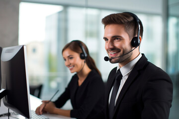 Trabajador de atención al cliente hablando por auriculares. Customer services. Hombre joven