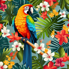 Image of pattern design using macaw and flowers and leaves. Wildlife Animals. Bird. Illustration, Generative AI.