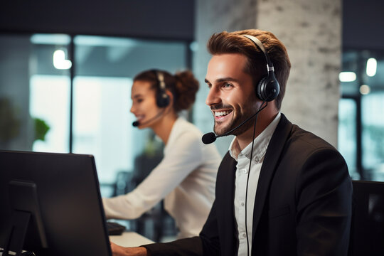 Trabajador de atenci&oacute;n al cliente hablando por auriculares. Customer services. Hombre joven