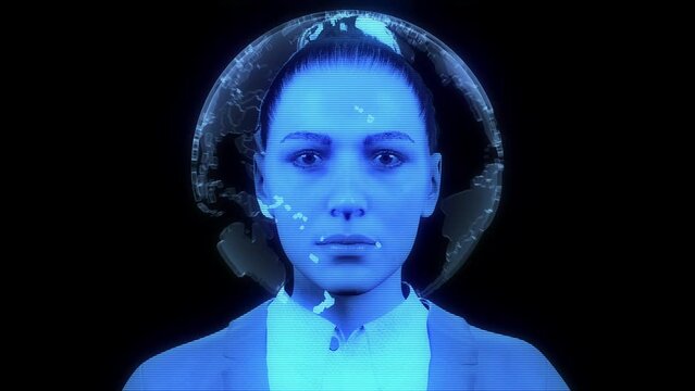 Computer model of women. A holographic woman contemplates a world map. Cgi-actor.