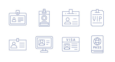 Identity icons. editable stroke. Containing id card, id, identity, passport, student, vip card, visa.