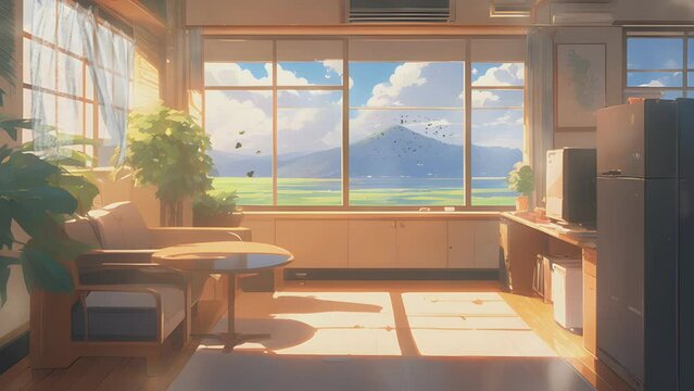 peaceful room interior ambiance with beautiful landscape views from the big windows. Cartoon or anime illustration style. seamless looping 4K time-lapse virtual video animation background.