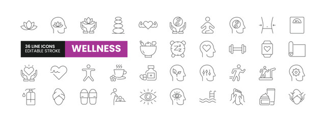 Set of 36 Wellness line icons set. Wellness outline icons with editable stroke collection. Includes Wellness, Sauna, Massage, Diet, Exercise and More.