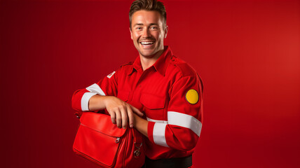 A tireless male paramedic in uniform holding a first aid kit against a red background - obrazy, fototapety, plakaty