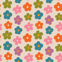 Aesthetic Contemporary printable retro groovy flowers seamless pattern. Decorative Hippie Naive 60's, 70's style Vintage boho background in minimalist style for fabric, wallpaper or wrapping