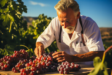 Enthralling oenologist deeply savouring aroma of fine red wine in lush vineyard, showcasing expertise and indulgence amidst natural beauty. - obrazy, fototapety, plakaty