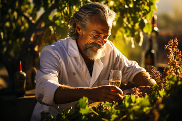 Enchanting oenologist appreciating rich red wine aroma in a sun-kissed vineyard, embodying tradition, elegance, and luxury.